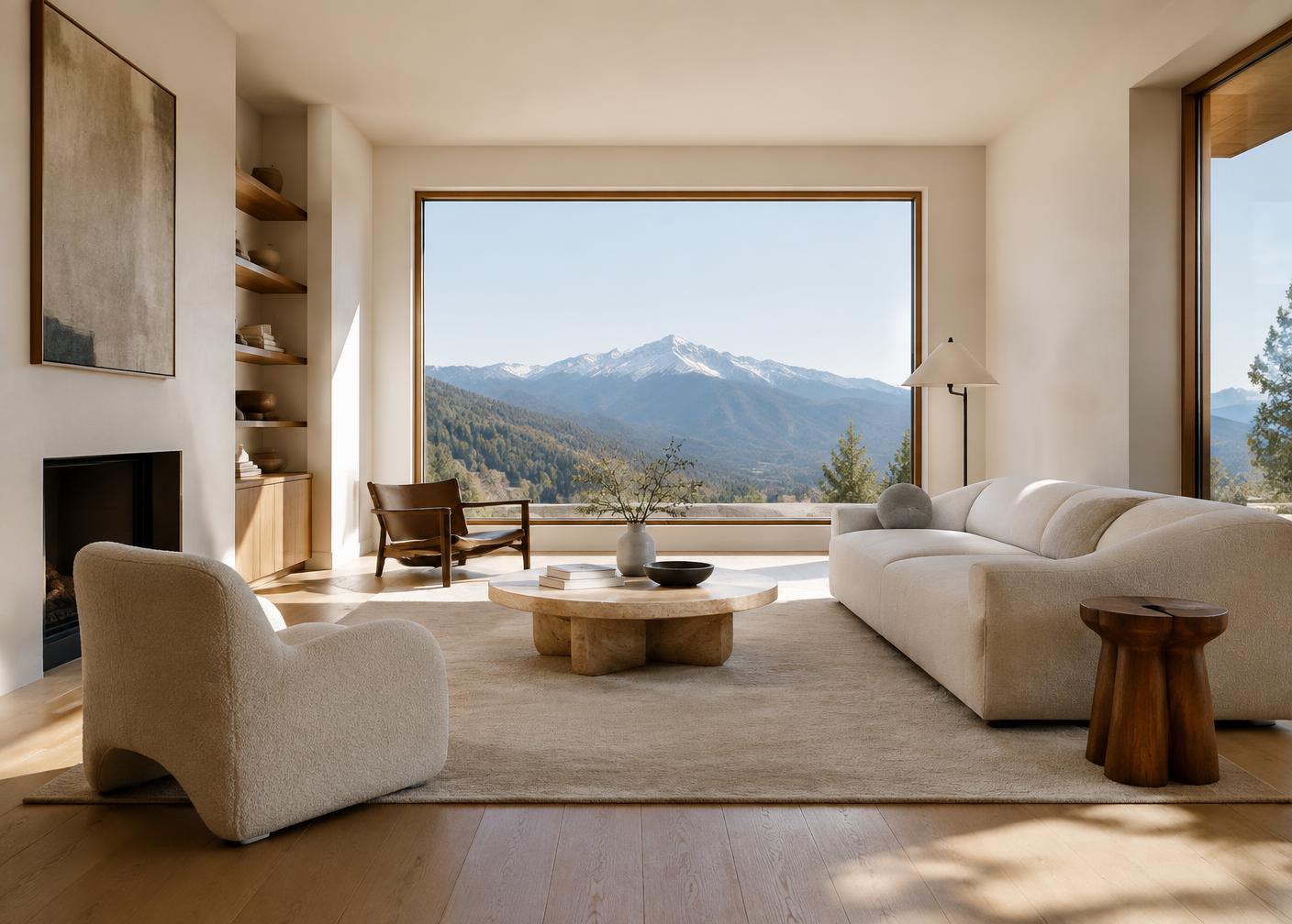 Interior minimalista con vista a la montaña